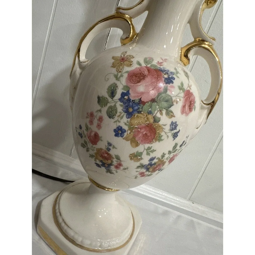 Antique Hand-Painted Porcelain Table Lamp –Floral England Urn Style, Gold Accent